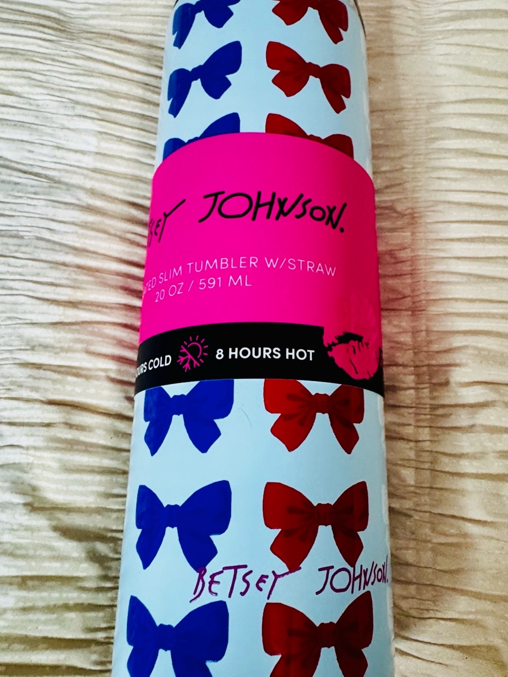 Betsey Johnson Red, White and Blue Bow Slim Tumbler with Straw
